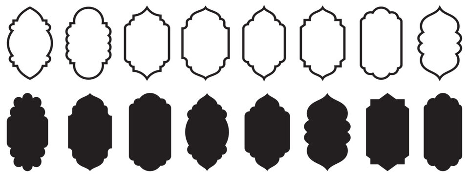 Arabic label frames. Modern islamic mosque dome and lanterns, monochrome blank arch stickers, traditional ornamental minimalist windows and simple border emblems. 