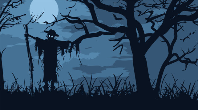 Eerie scarecrow comes to life under the moonlit night vector illustration, spooky animated straw figure standing in dark cornfield with glowing moon, haunting halloween horror character design