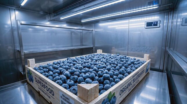 Organic blueberries in a refrigerated storage room &mdash; cold chain logistics