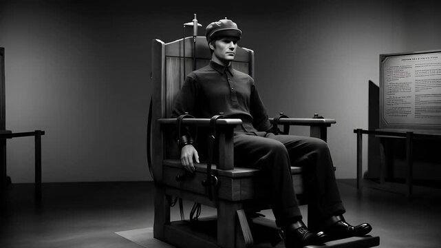 Man sits alone on an electric chair in a dimly lit execution chamber, viewed from a slight angle.