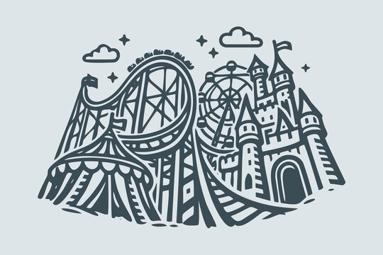 Retro Amusement Park Roller Coaster Ferris Wheel Castle Fun