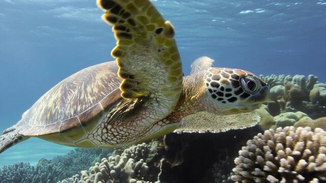 Green Sea Turtle Swimming Gracefully in Clear Blue Ocean Waters.