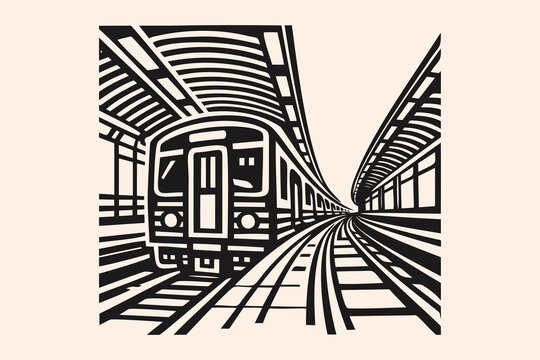 Urban Subway Train Approaching Station on Parallel Tracks