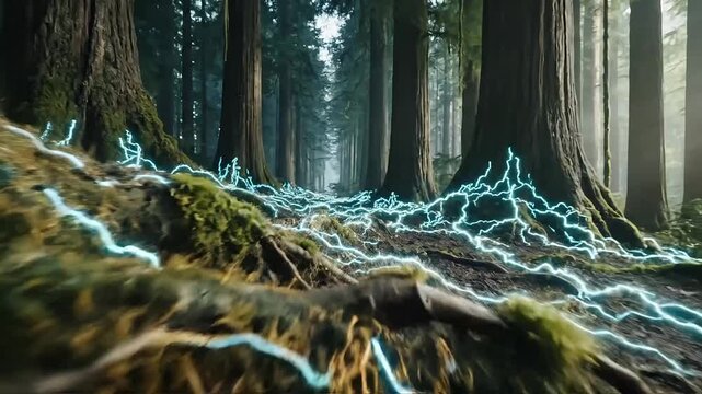 A video showcasing a mystical forest with lightning striking a tree root in a serene natural setting