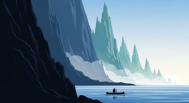 Scenic vector illustration of a person paddling a canoe on a tranquil water body, framed by imposing, stylized mountain ranges and a vast open sky.