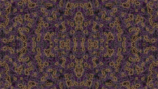 Intricate purple and gold circuit board topography with symmetrical patterns