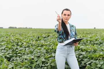 Female agricultural engineer inspecting soybean crop in cultivated field