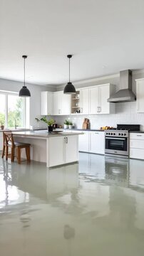 Modern kitchen with flooded floor and reflective water surface
