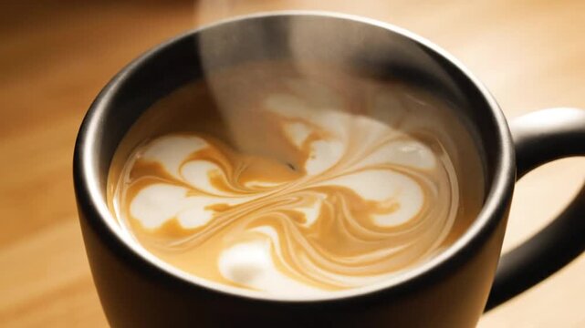 Creamy milk swirl gracefully merging with hot coffee, creating a beautiful swirling pattern for a rich drink.