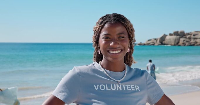 Smile, woman and face of volunteer on beach for recycling, community service or charity work. Happy, cleaning and portrait of female ngo employee by ocean for earth day with seaside conservation.