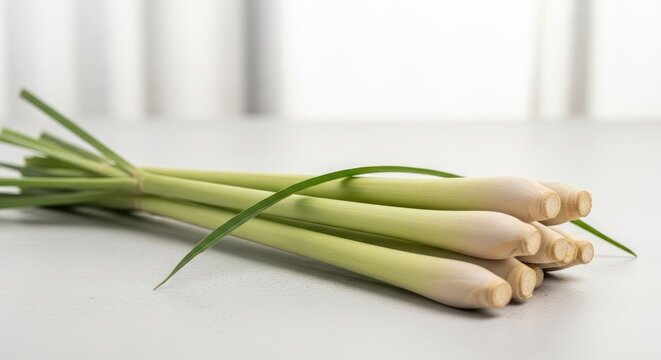 Fresh Lemongrass Stalks on a White Surface.