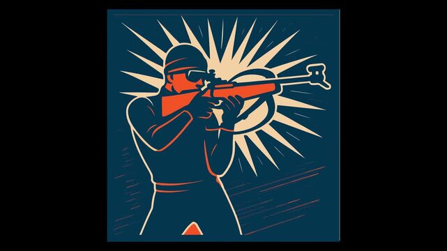 Biathlete aiming rifle with sunburst background biathlon