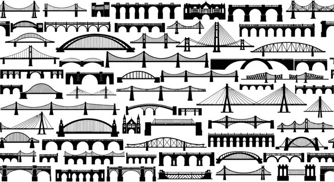 seamless pattern of diverse bridge silhouettes illustrating architectural forms structural engineering and infrastructure design concepts.
