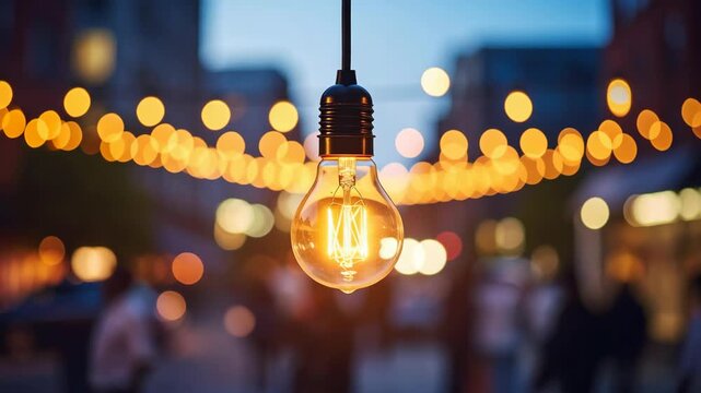 Close-up of glowing vintage filament light bulb hanging above blurry street lights and bokeh background