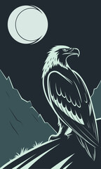 Fototapeta premium Majestic Eagle Perched on Mountain Under Crescent Moon.