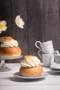 Swedish semla bun photographed in a studio in Stockholm