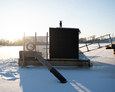 floating sauna on a sunny winter day in the Swedish archipelago