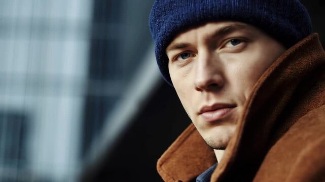 Confident young man wearing stylish brown coat and blue beanie in urban setting during chilly afternoon