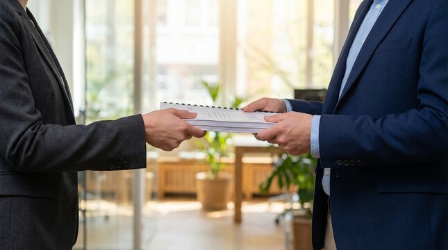 Business meeting Handing over documents, two professionals shaking hands in a bright office environment
