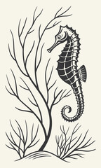 Obraz premium Seahorse and Coral Reef Underwater Marine Life Illustration.