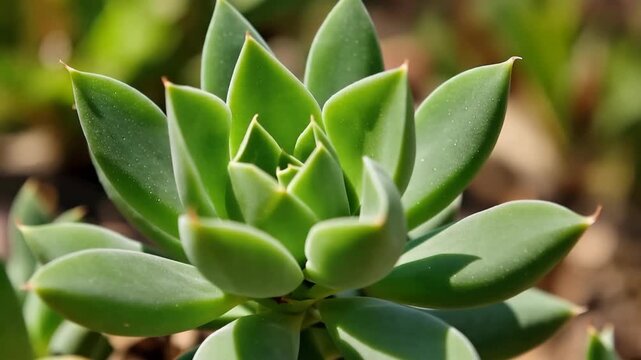 Close up of vibrant green echeveria succulent plant with geometric leaf arrangement under natural sunlight