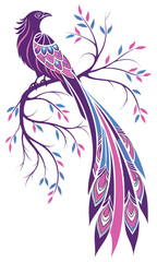 Obraz premium Stylized purple bird with long tail perched on a tree branch.
