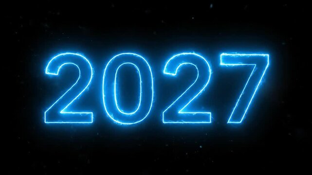 2027 Blue Neon Text animation showing electric energy numbers glowing on dark background, representing future year, technology roadmap, and new year celebration concepts