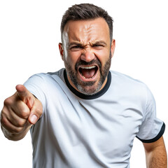 A man in a white shirt with a beard, shouting and pointing his finger at the camera.
