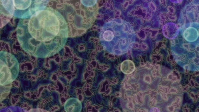 Abstract digital topography pattern with floating colorful bokeh circles