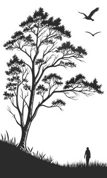 Silhouette of a lone person walking on a hill under a large tree with birds flying above 1.