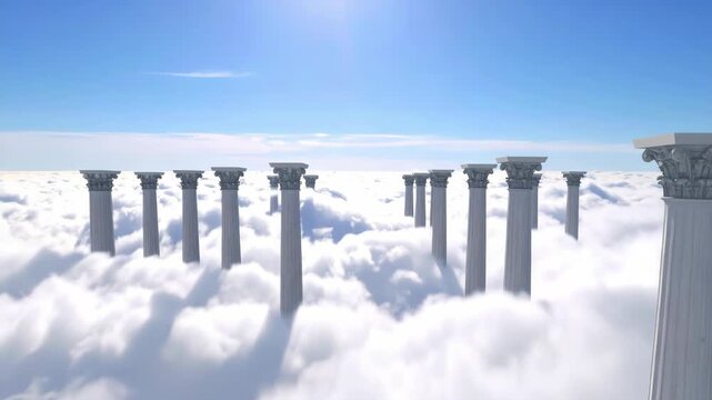 Classical marble columns emerge from soft white clouds against a bright blue sky