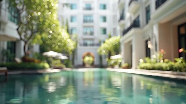 Blurred background of a luxurious resort swimming pool with elegant architecture