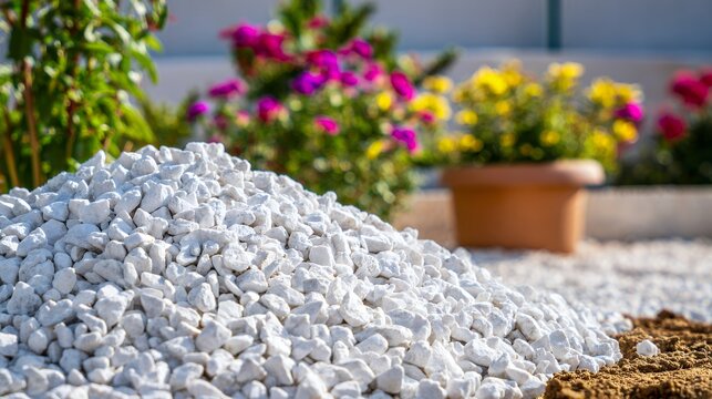 Pile of white marble chips for decorative garden landscaping