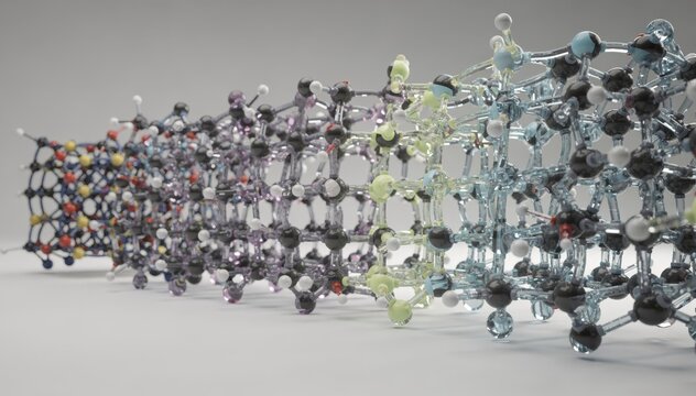 Medium shot capture of rubber molecular models illustrating varying crosslink densities emphasizing the transition from loose to tightly bound polymer network structures for visual