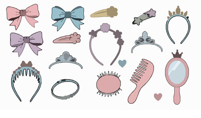 Kawaii princess hair accessories doodle sticker set vector EPS 10 © MdMiraz