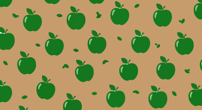 Green apple and leaf seamless pattern on brown background. Vector illustration of fruit design for healthy food, nature, and organic themes.
