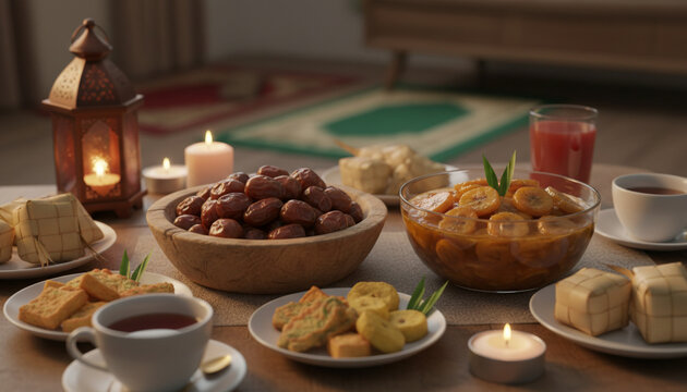 
Breaking the fast with dates and ta'jil dishes such as banana kolek served on the table
