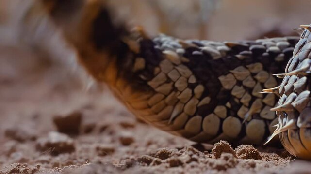 Scaly reptile with patterned skin and a bushy tail moves through sandy terrain, showcasing its unique texture and coloration in a natural habitat setting