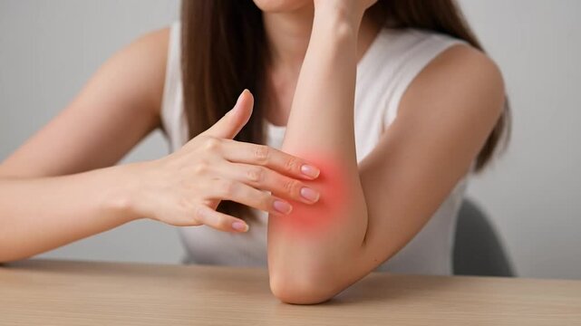 Woman with elbow pain touching her arm with a red highlight on the elbow area