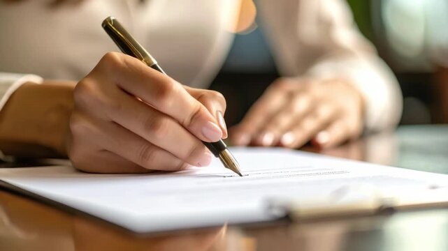 Close-up of a person signing a document with a fountain pen, showing hand and paper detail.