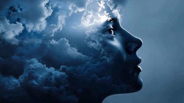 Cloudy mind and brain fog concept depicted by a silhouette of a head surrounded by dark clouds and a mystical atmosphere in a surreal setting