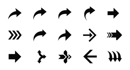 Collection of black arrow icons representing direction a bold silhouette © RABEYA