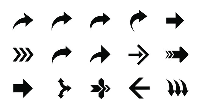 Collection of black arrow icons representing direction a bold silhouette