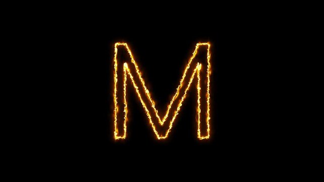 Burning Letter M Animation. Fire Alphabet Glow Effect on Alpha Channel.