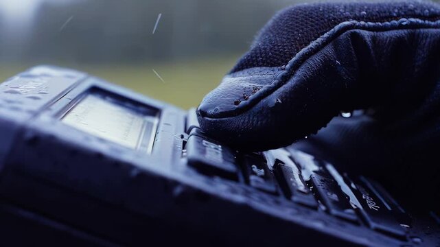 Close-up of gloved hand pressing buttons on a handheld device in rainy outdoor setting, showcasing the interaction with technology amidst nature's elements