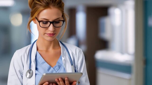 Cheerful female doctor smiles while holding an appointment document in her hands, ready to assist patients at a modern medical facility