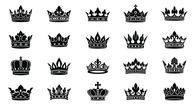 Collection of ornate crowns in various designs presented as a silhouette