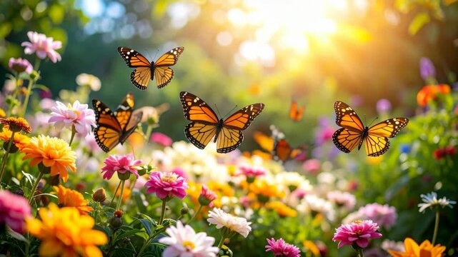 Monarch butterflies flying among vibrant flowers in a sun-drenched garden