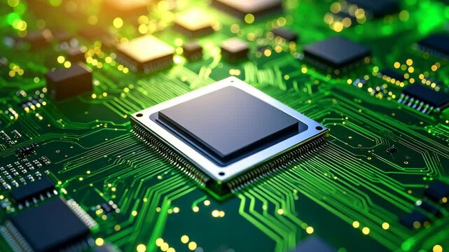 Close-up of a complex green circuit board with a central processor and glowing lights