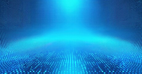 Fototapeta premium Abstract blue digital landscape. Glowing particles converge toward distant bright point. Futuristic tunnel effect, dark edges.